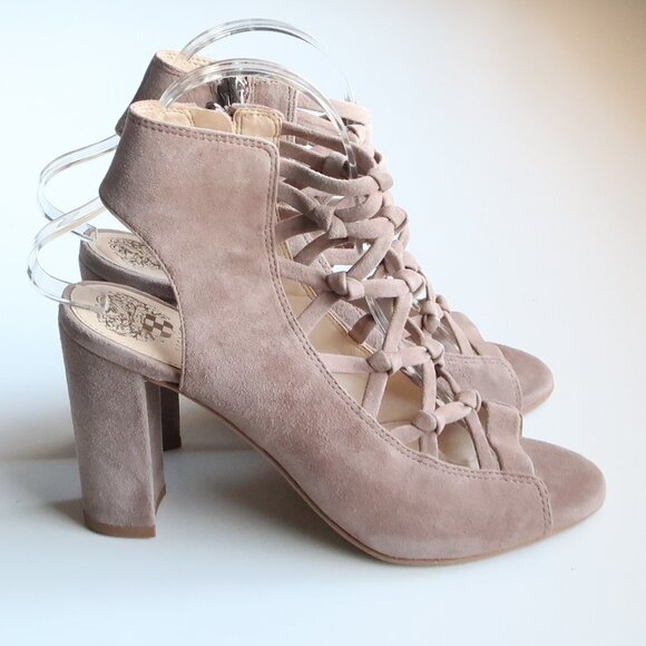 Vince Camuto Beige Suede Leather Peep Toe Slingback Bootie Shoes / Ankle Boots - Picture 2 of 16